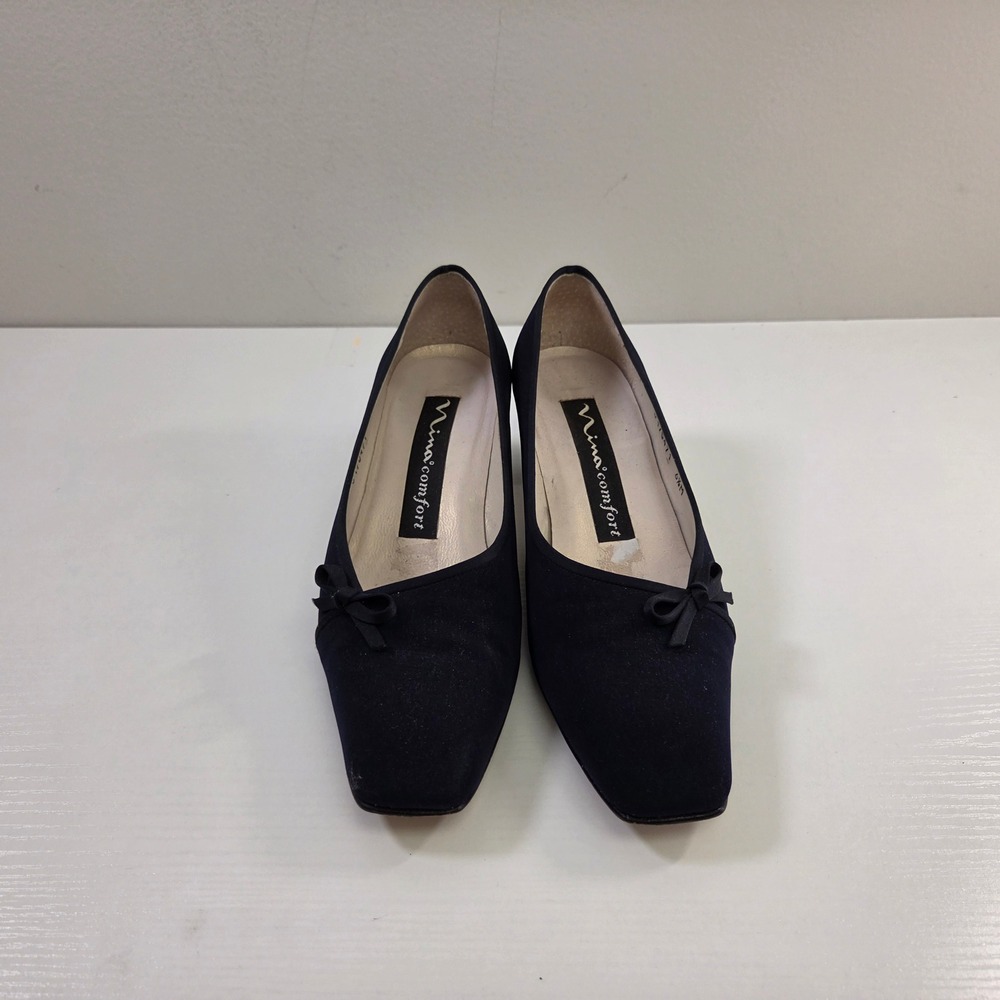Nina Comfort Navy Blue Square Toe Bow Block Heel Pumps Made in Spain 6.5M - Picture 2 of 9